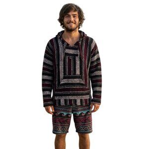 Earth Ragz Hoodie Rag Pullover L Baja Blanket Mexican Woven Striped Boho Surfer